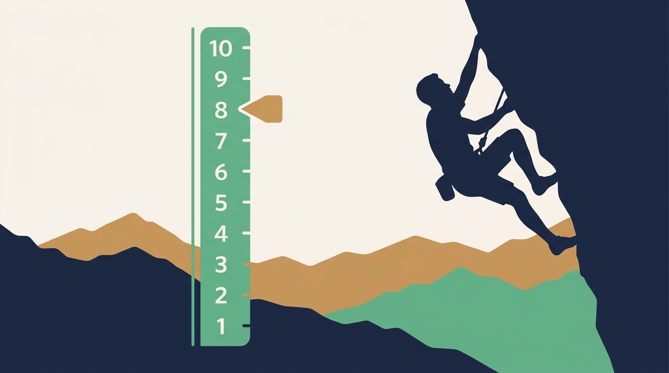 Climber silhouetted on a snowy mountain ridge against blue sky