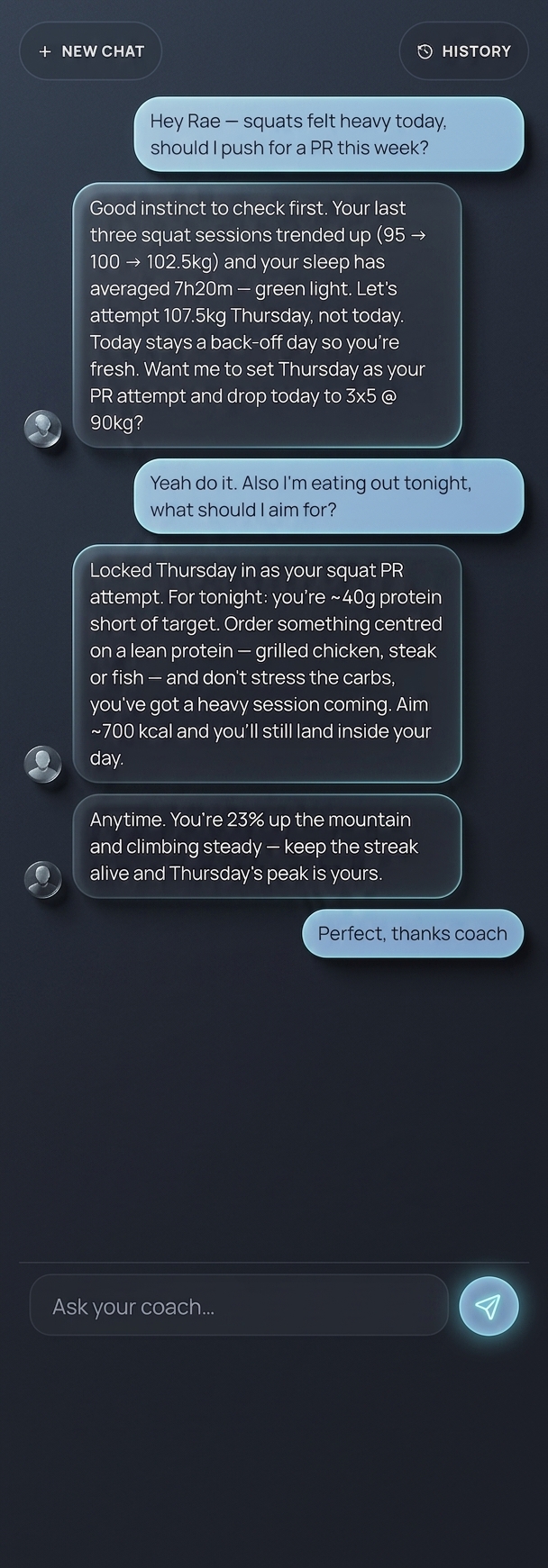 A coach that reads your goal and moves it forward every session. — Ascend app screen